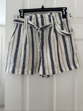 Love Tree Striped Paperbag Waist Shorts in Cream, Navy, and Tan with belt